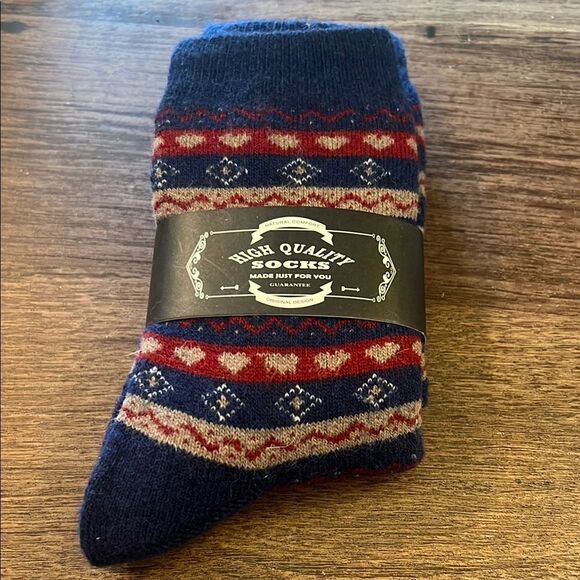 Woman’s Wool Blend Patterned Socks - Blue and Red - Picture 1 of 3